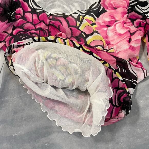 Vintage Italian Brand pink floral micro mesh long sleeve with silk floral trim - Picture 7 of 13